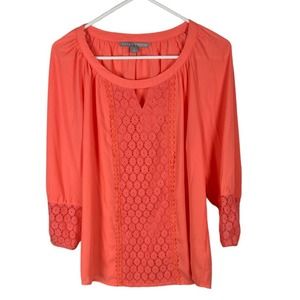 Valerie Stevens coral peach 3/4 sleeves lace trimmed blouse size medium